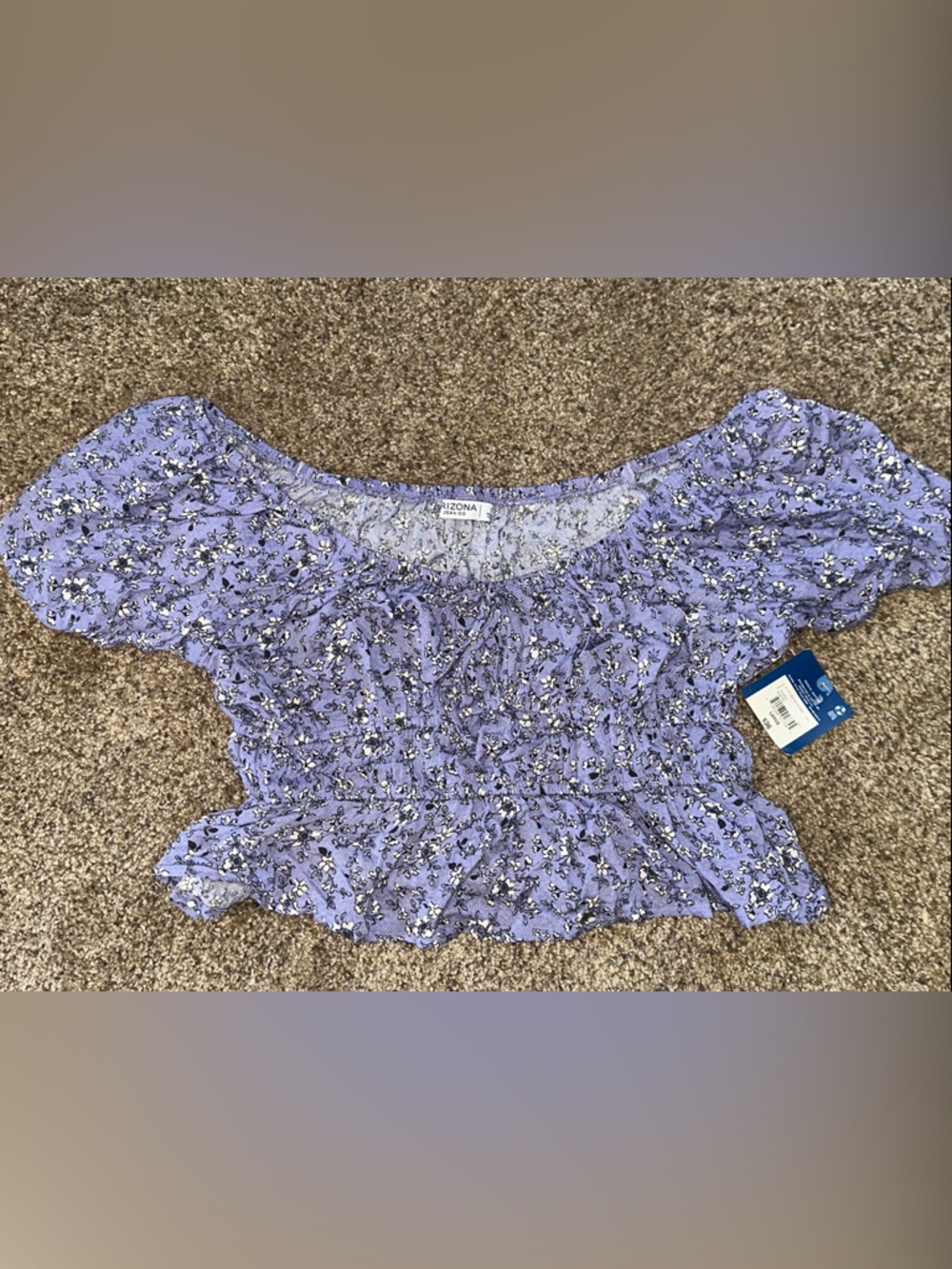 Arizona Jean Company Lavender Floral Smocked Peplum Crop Top with Puff Sleeves